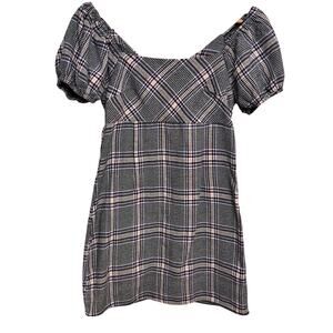 Altar'd State Plaid Puff Sleeve Mini Dress S Cottagecore Babydoll Style Peasant